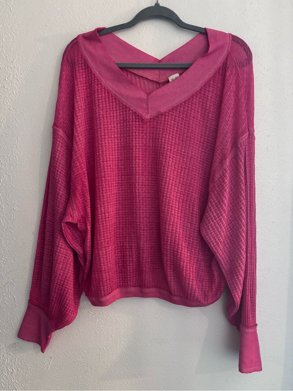 We The Free Oversized Waffle V-Neck Sweater - Fuchsia Pink